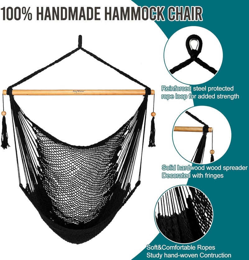JoyView Hammock Chair with Spreader Bar Caribbean Hammock Swing Chair 300 LBS Weight Capacity XL Rope Hanging Chair for Outdoor Indoor Garden Yard - Black - Image 3